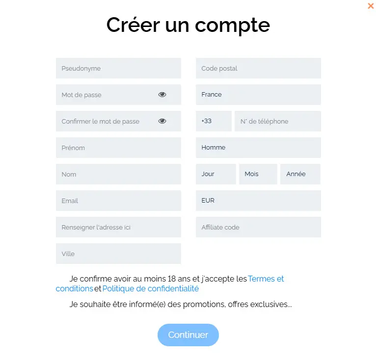 Processus d'inscription EVOLVE CASINO